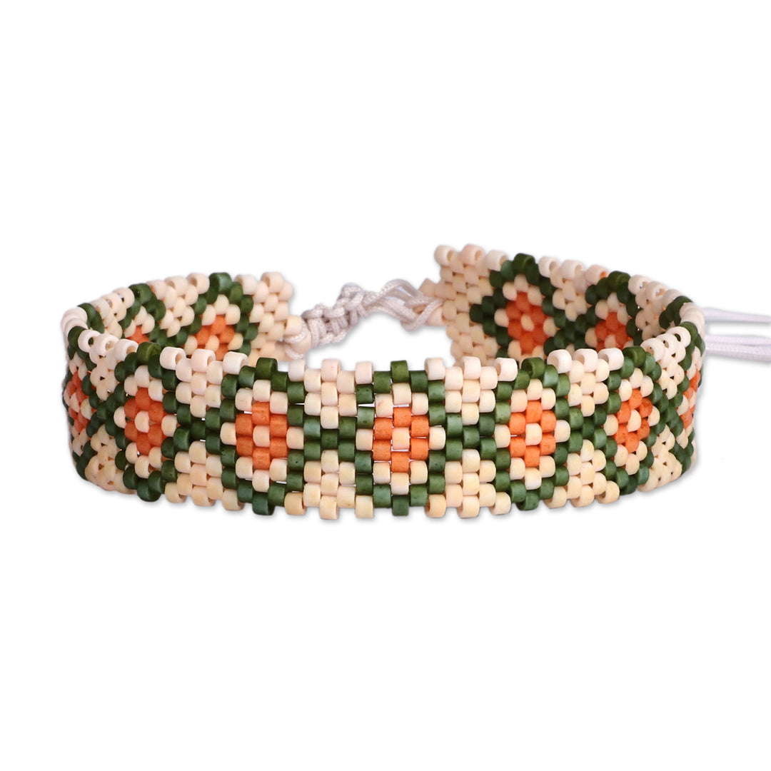 Traditional Floral Green Glass Beaded Wristband Bracelet - Spring Luck