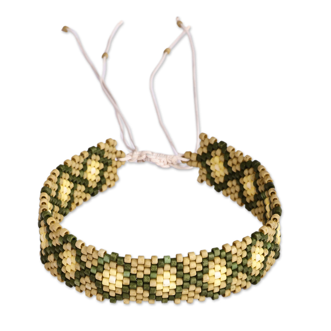 Armenian-Patterned Green Glass Beaded Wristband Bracelet - Green Damsel