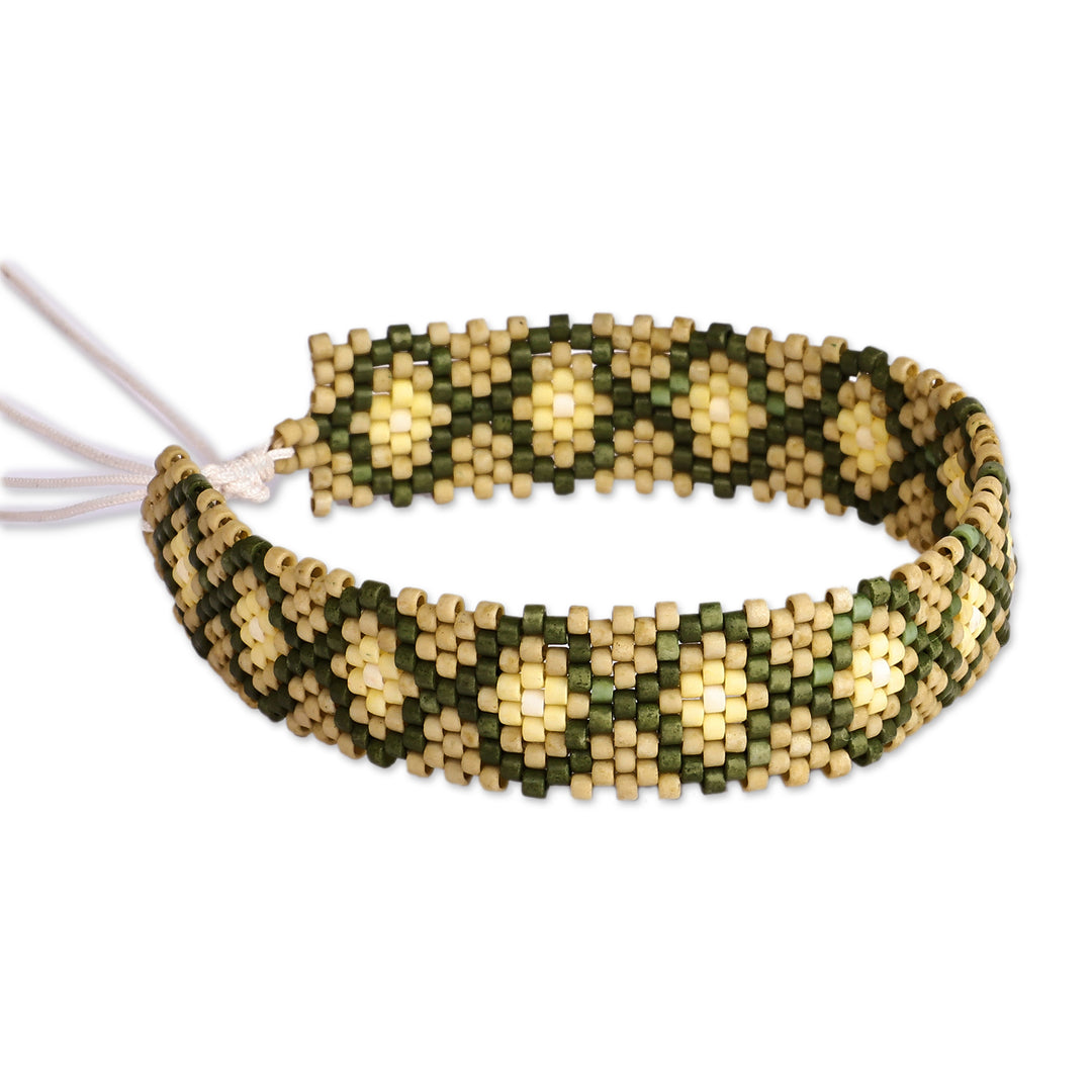 Armenian-Patterned Green Glass Beaded Wristband Bracelet - Green Damsel