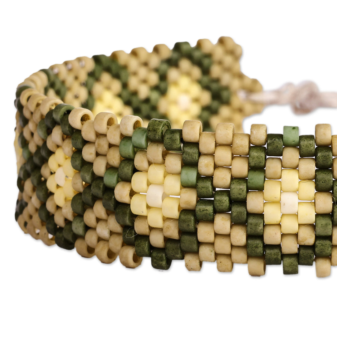 Armenian-Patterned Green Glass Beaded Wristband Bracelet - Green Damsel