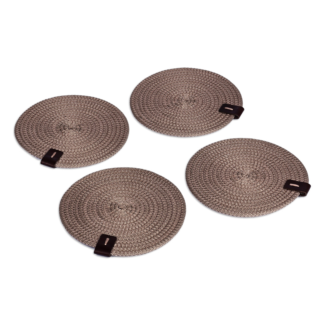 Set of 4 Brown Cotton Rope Coasters with Leather Accents - Latte Zigzag