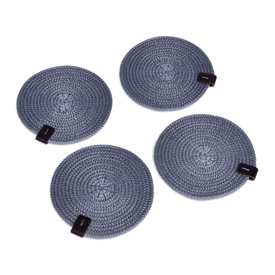 Set of 4 Cotton Rope Coasters in Blue with Leather Accent - Cerulean Zigzag