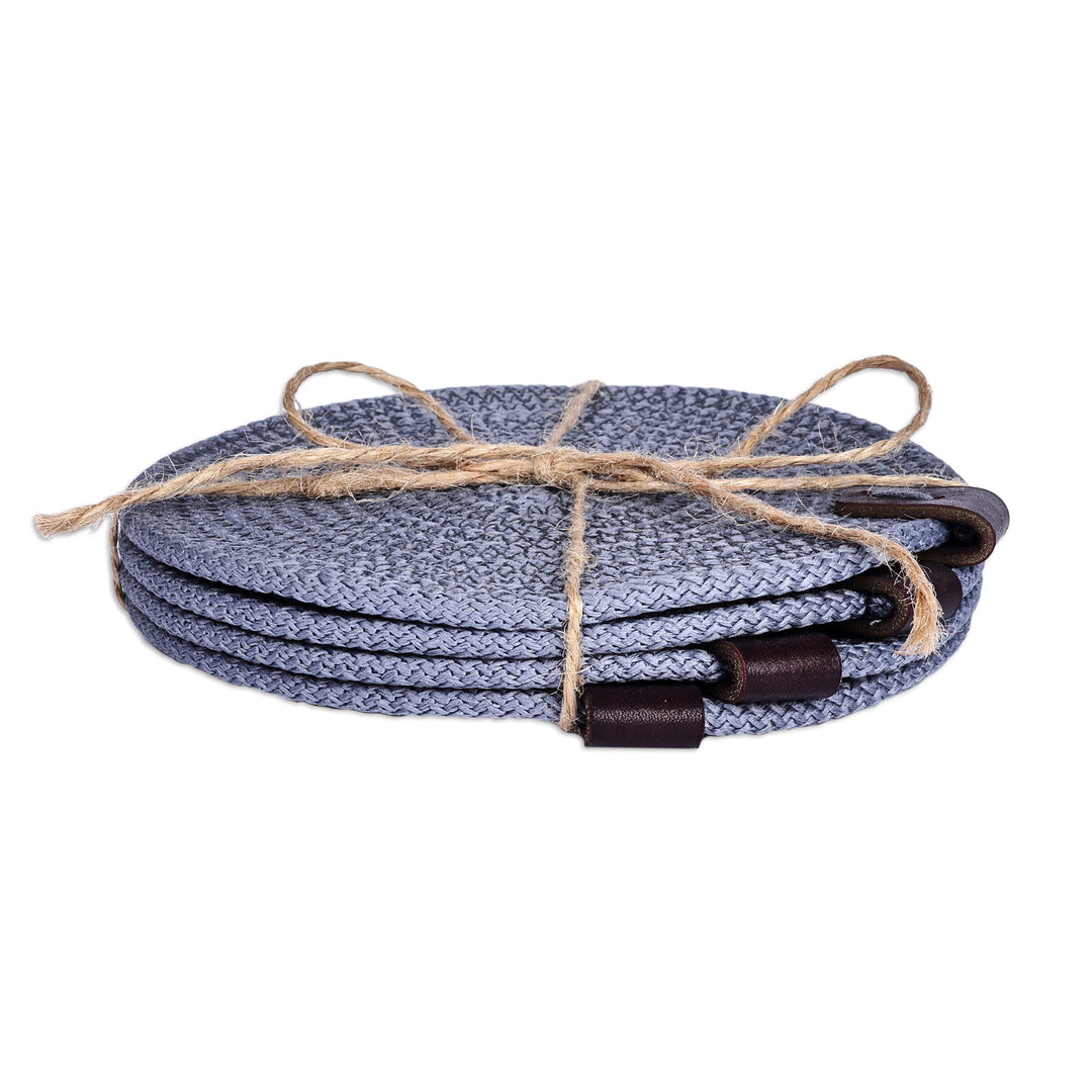 Set of 4 Cotton Rope Coasters in Blue with Leather Accent - Cerulean Zigzag