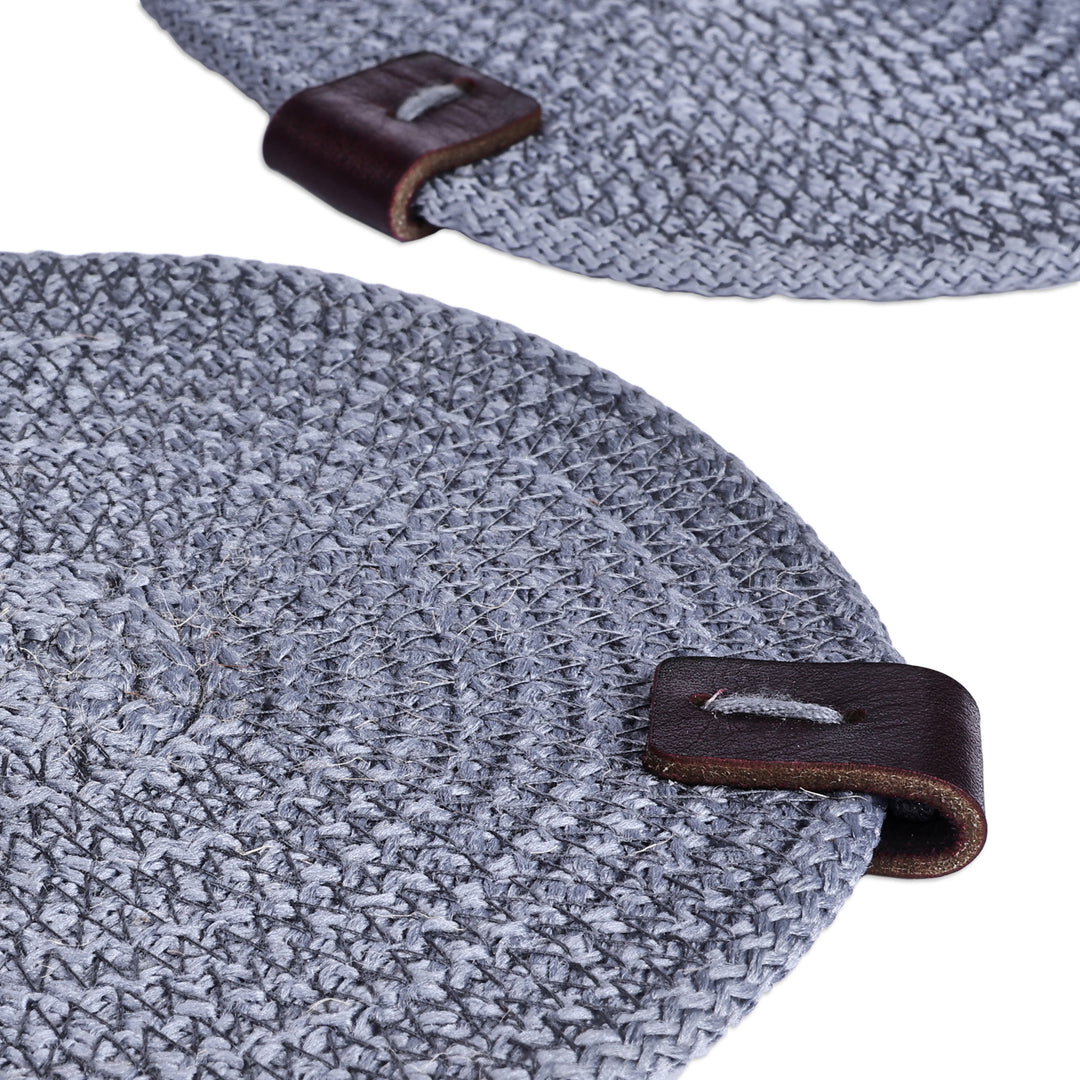 Set of 4 Cotton Rope Coasters in Blue with Leather Accent - Cerulean Zigzag