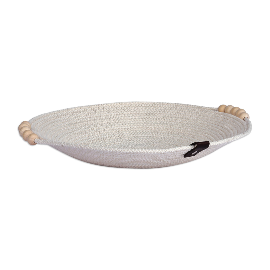 Cotton Rope Catchall with Wooden Beads and Leather Accent - Chic Essentials