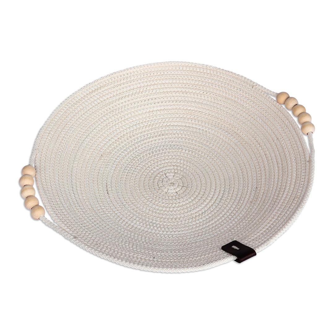 Cotton Rope Catchall with Wooden Beads and Leather Accent - Chic Essentials