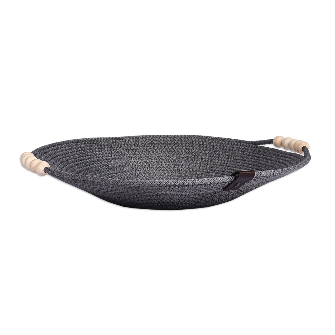 Grey Cotton Rope Catchall with Wood Beads and Leather Accent - Trendy Essentials