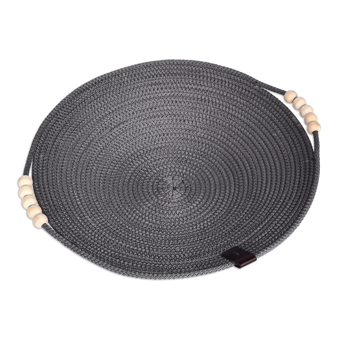 Grey Cotton Rope Catchall with Wood Beads and Leather Accent - Trendy Essentials