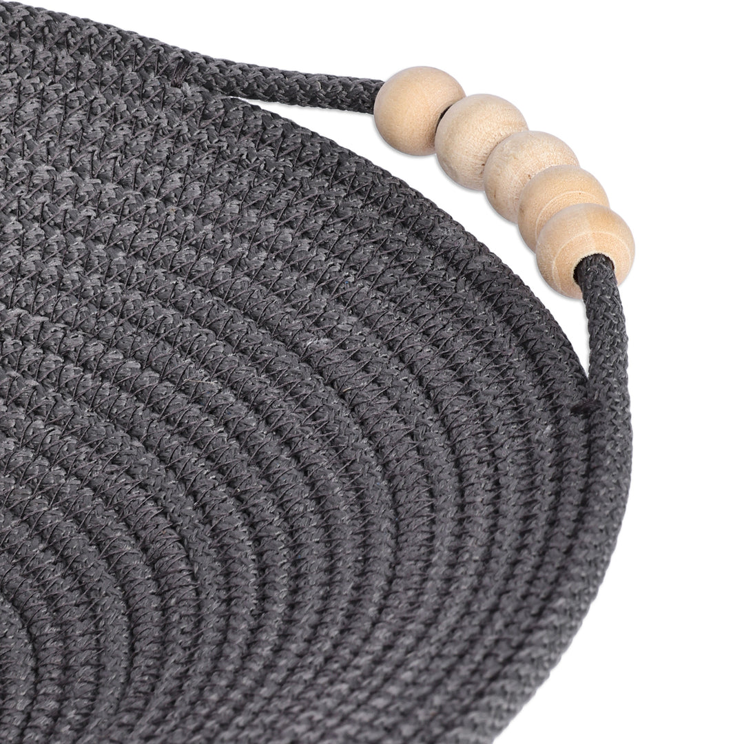 Grey Cotton Rope Catchall with Wood Beads and Leather Accent - Trendy Essentials