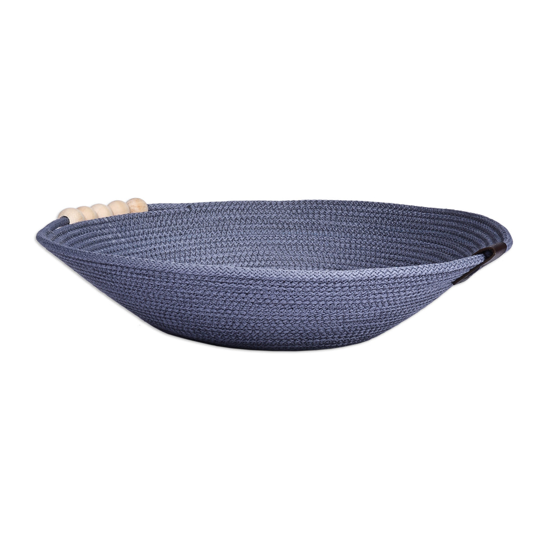 Blue Cotton Rope Bowl with Wood Beads and Leather Accent - Glam Essentials