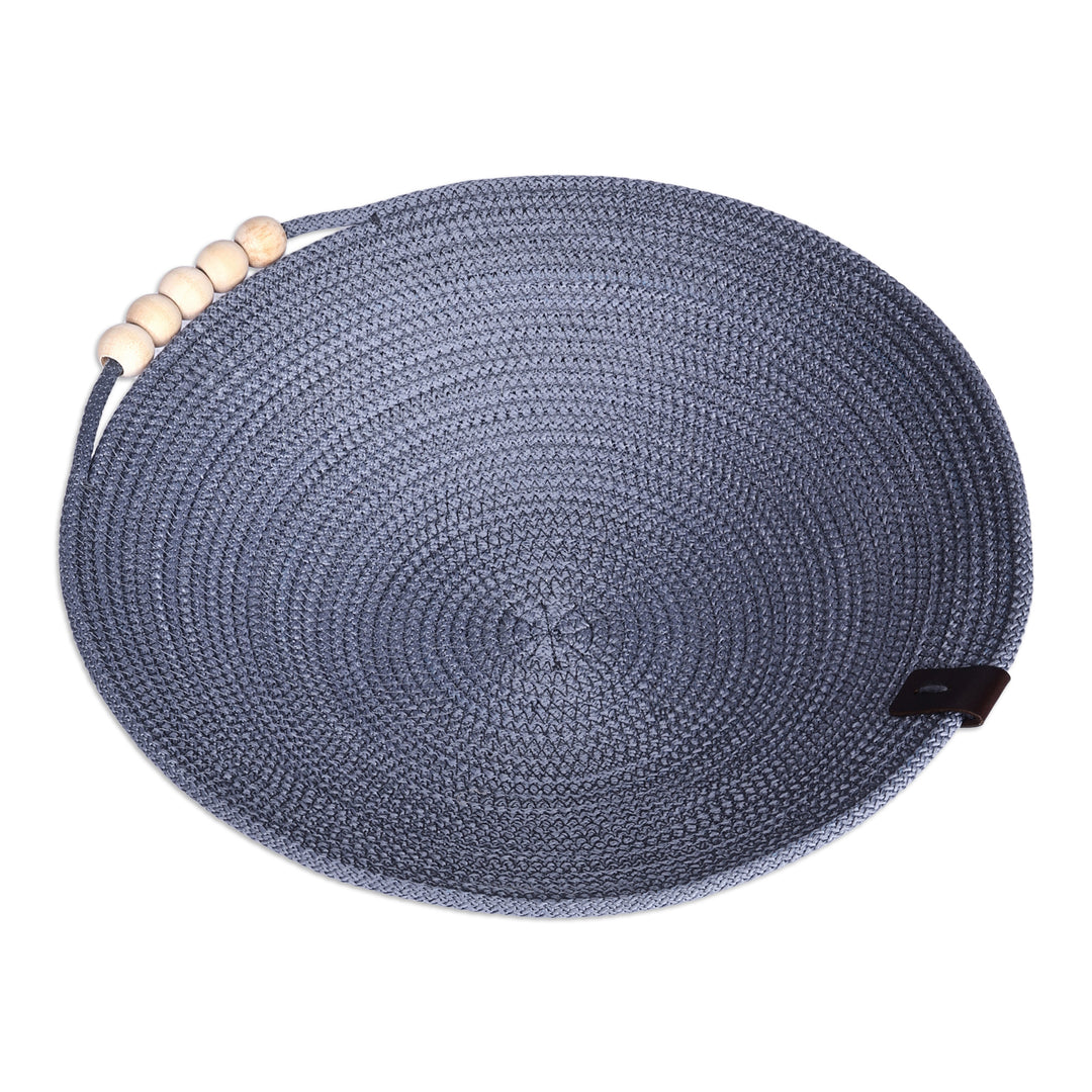 Blue Cotton Rope Bowl with Wood Beads and Leather Accent - Glam Essentials
