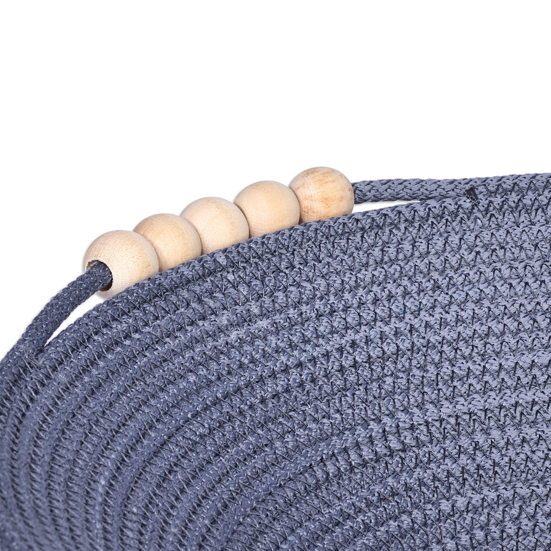 Blue Cotton Rope Bowl with Wood Beads and Leather Accent - Glam Essentials