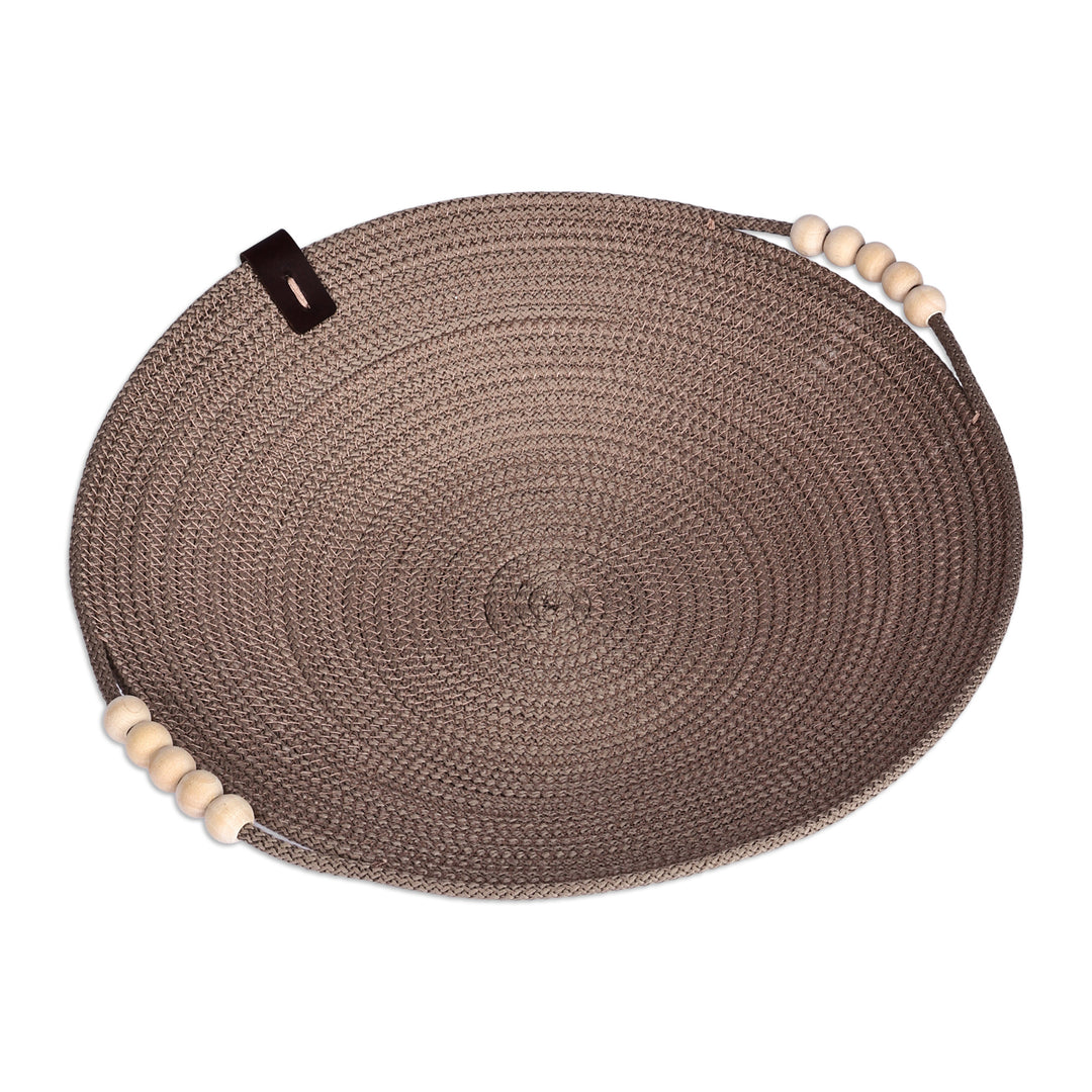 Cotton Rope Wooden Beads Leather Accented Bowl in Brown - Precious Essentials