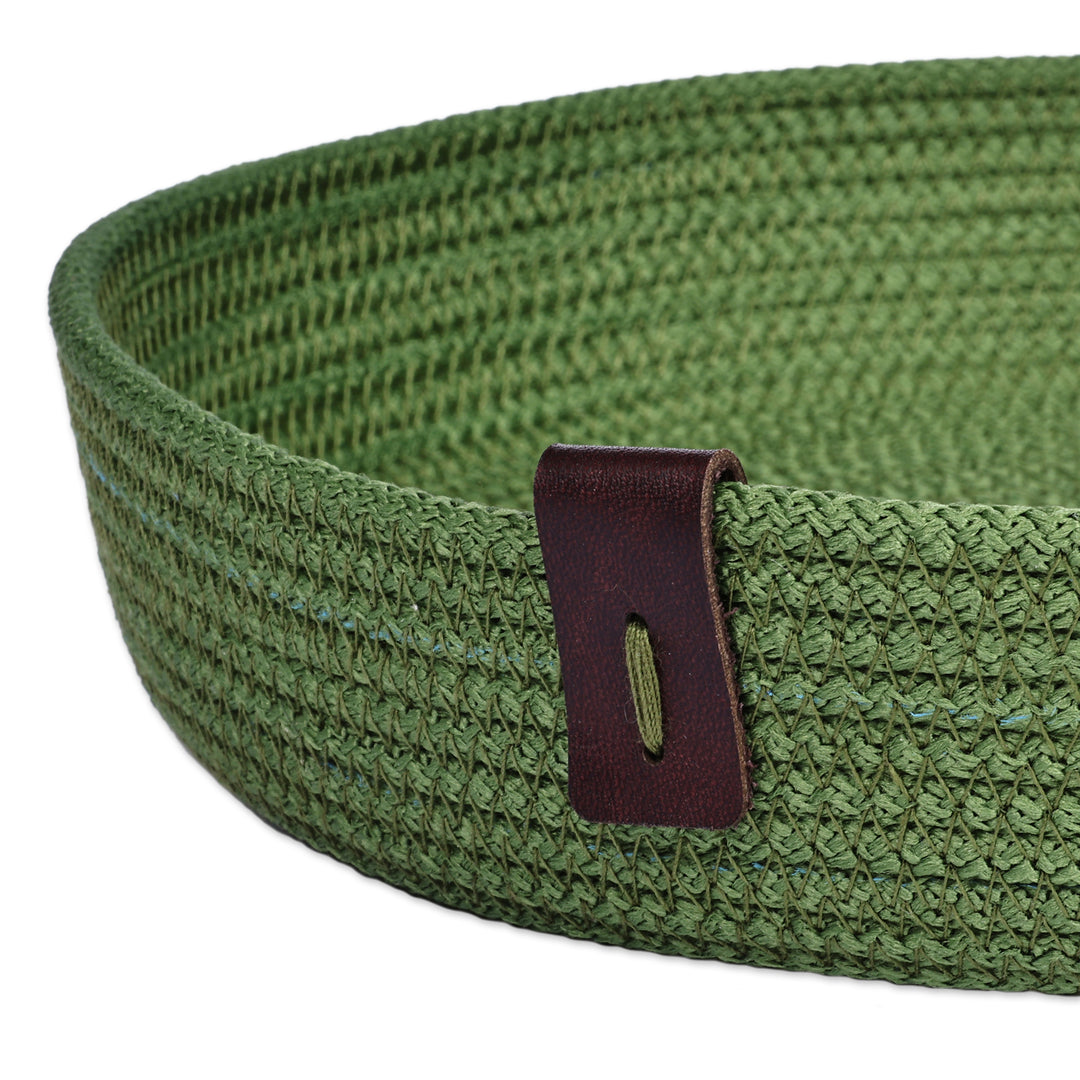 Handcrafted Green Cotton Rope Tray with Leather Accent - Stylish Organizer