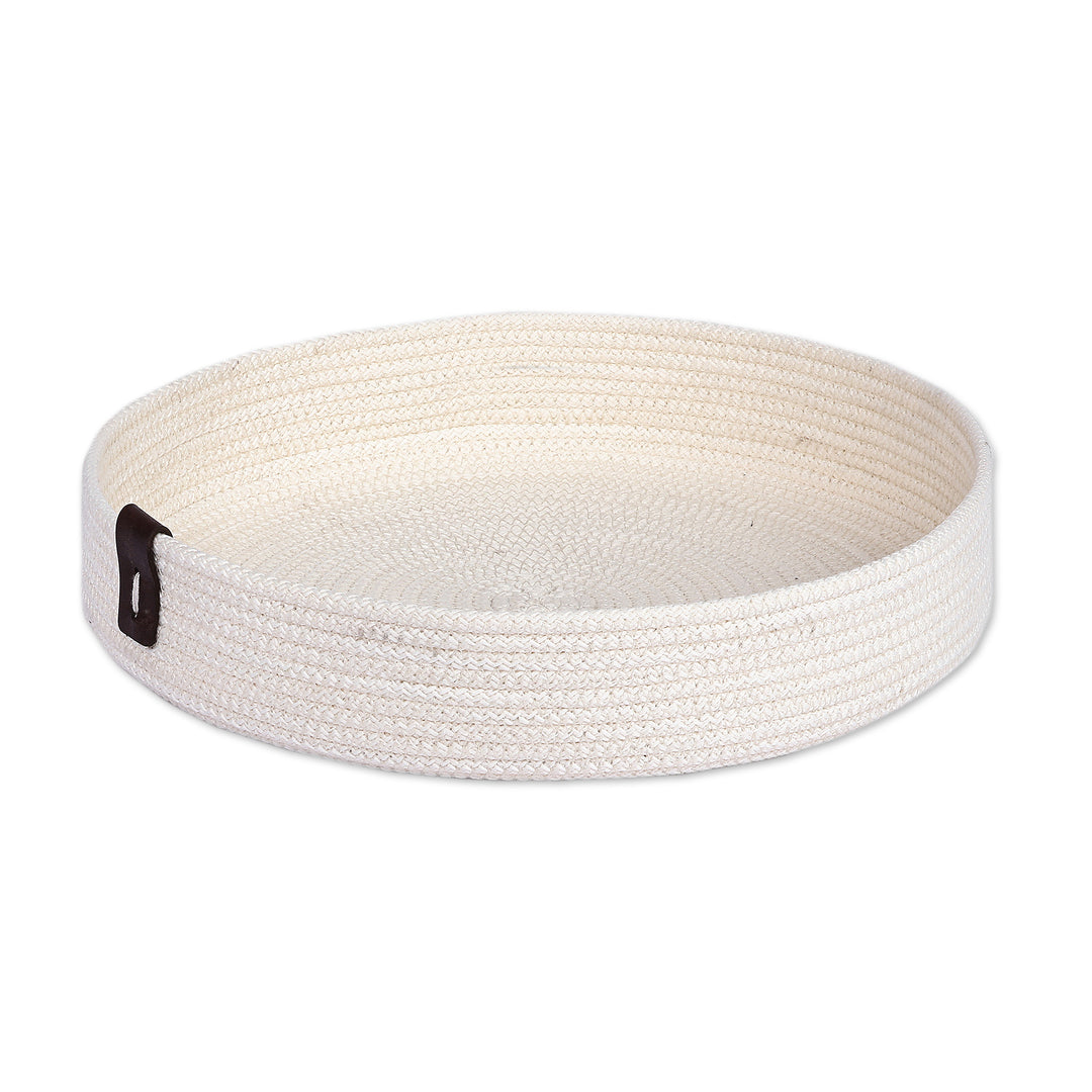 Handcrafted Ivory Cotton Rope Catchall with Leather Accent - Exquisite Organizer