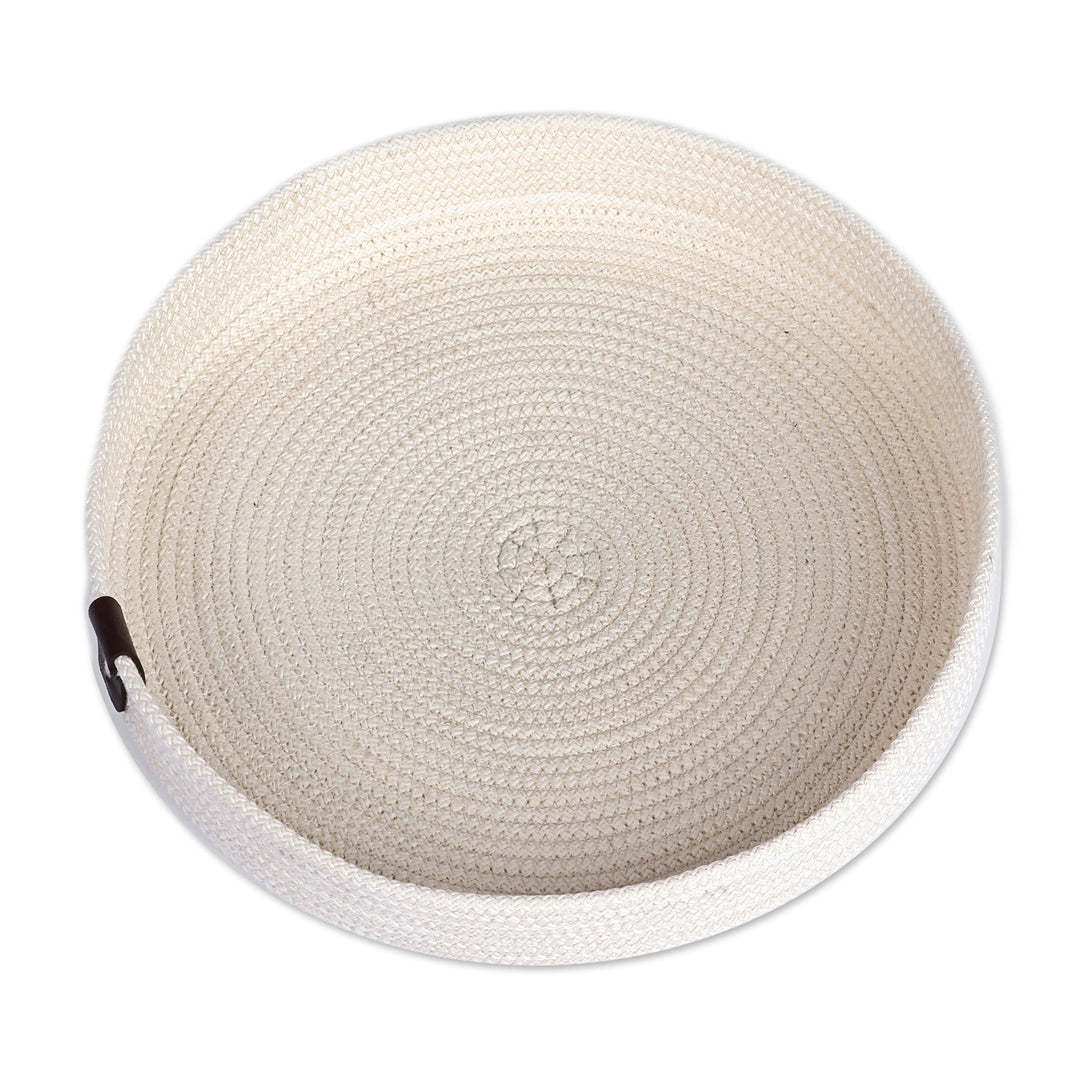 Handcrafted Ivory Cotton Rope Catchall with Leather Accent - Exquisite Organizer