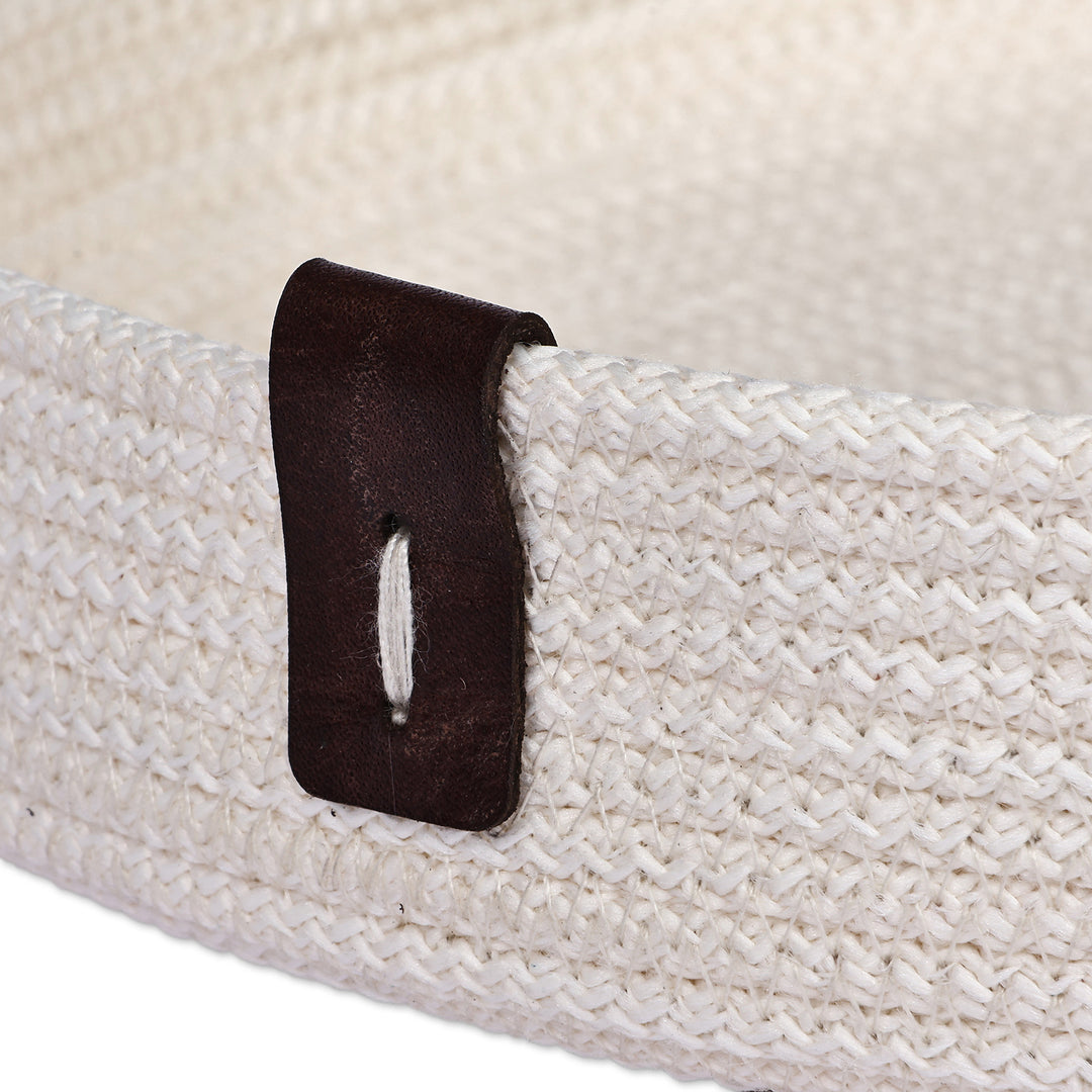 Handcrafted Ivory Cotton Rope Catchall with Leather Accent - Exquisite Organizer