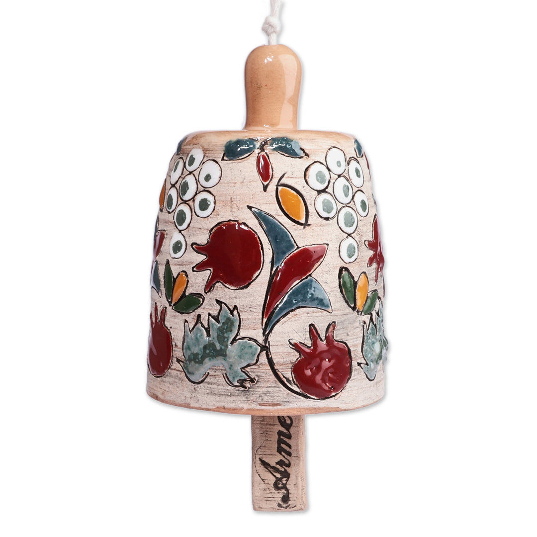 Handmade Ceramic Bell Ornament with Pomegranate Grape Motifs - Fruit Splendor