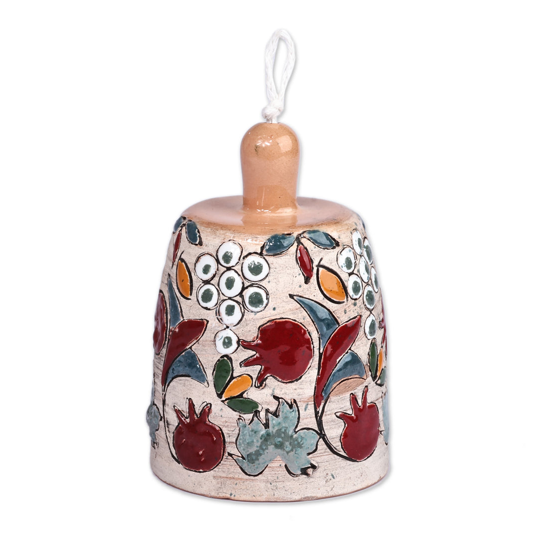 Handmade Ceramic Bell Ornament with Pomegranate Grape Motifs - Fruit Splendor