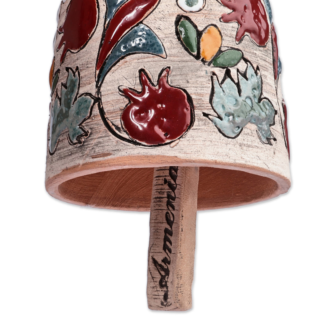 Handmade Ceramic Bell Ornament with Pomegranate Grape Motifs - Fruit Splendor