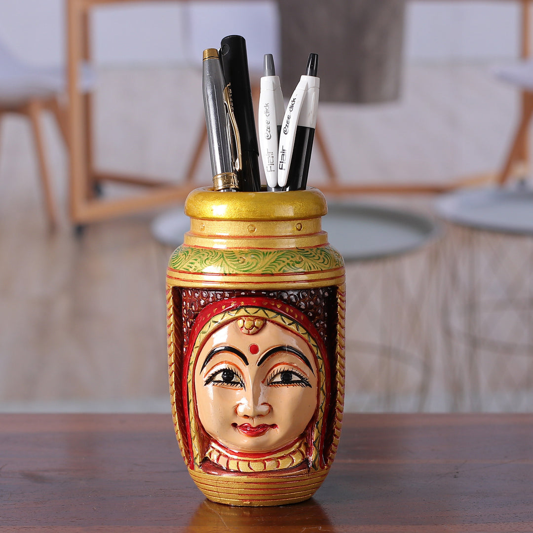 Romantic Classic Hand-Painted Kadam Wood Pen Holder - Romantic Words