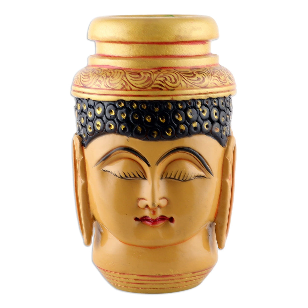 Buddha-Themed Hand-Painted Golden Kadam Wood Pen Holder - Wise Words