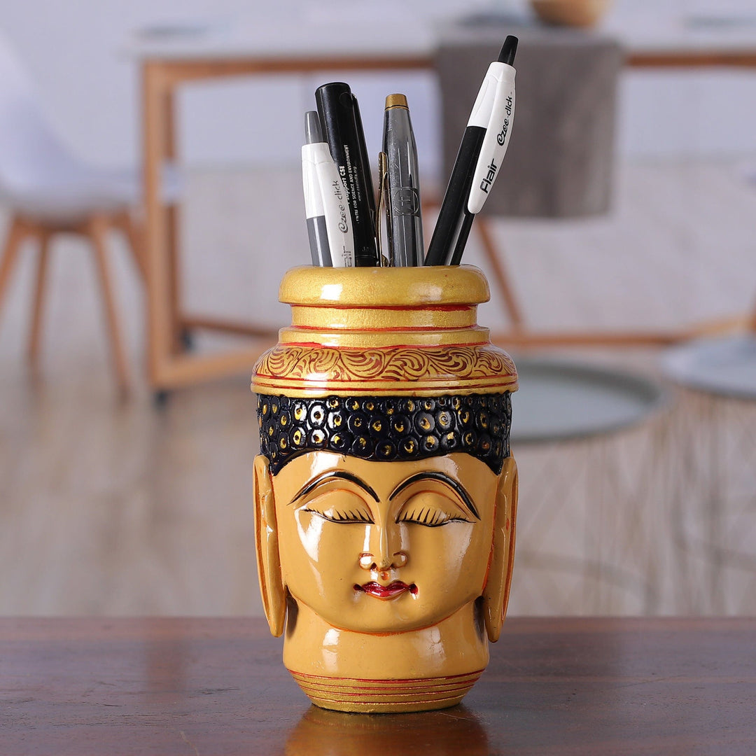 Buddha-Themed Hand-Painted Golden Kadam Wood Pen Holder - Wise Words