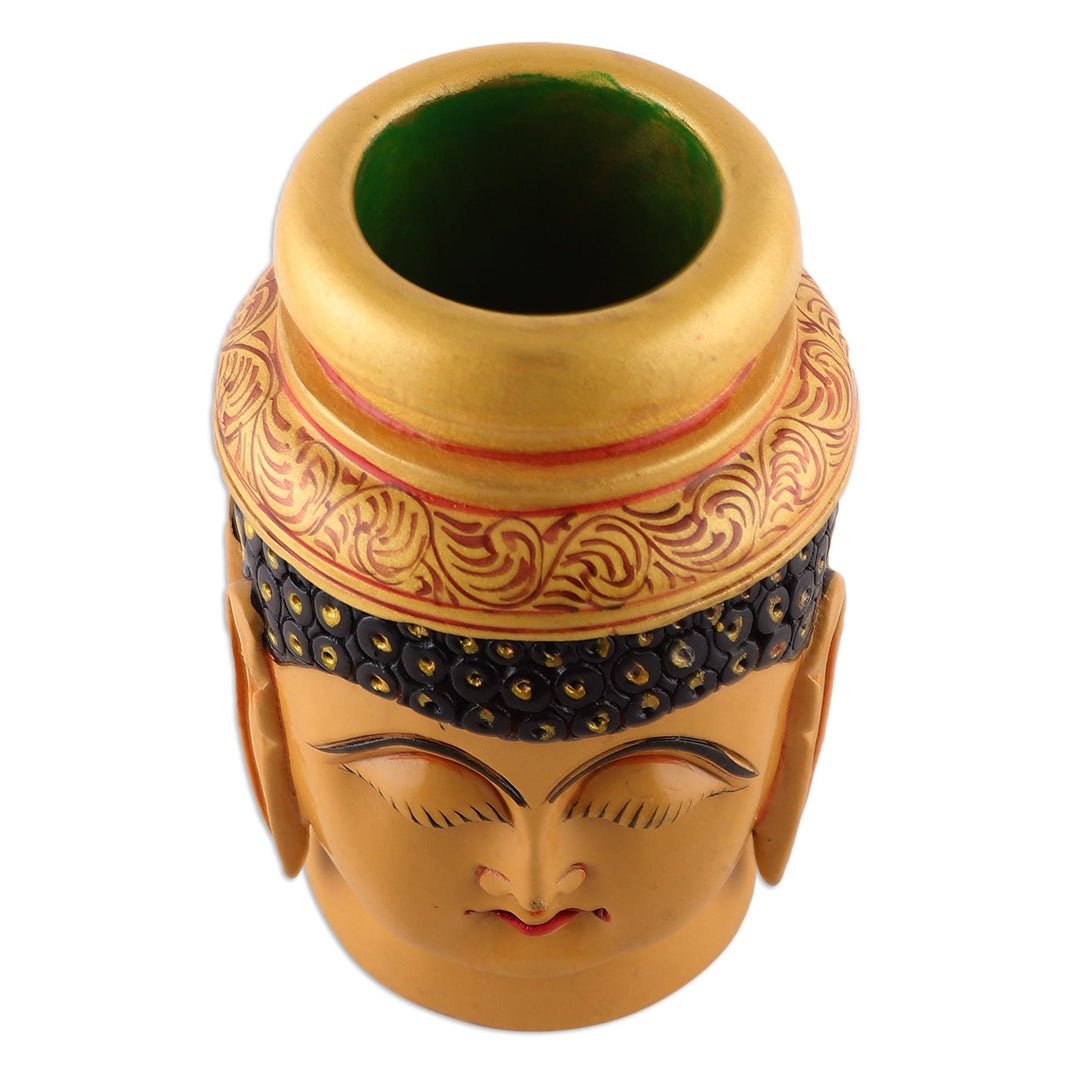 Buddha-Themed Hand-Painted Golden Kadam Wood Pen Holder - Wise Words
