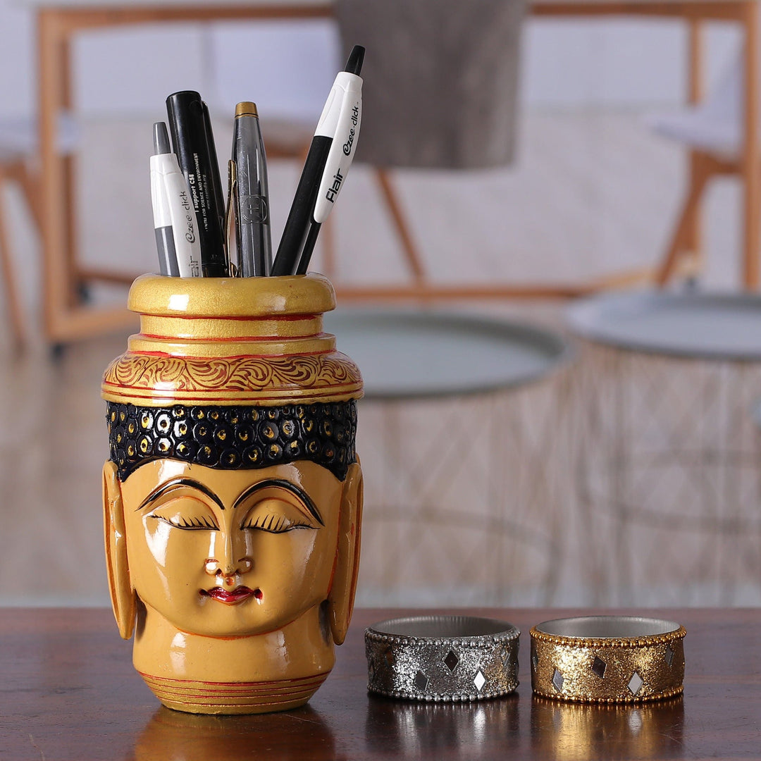 Buddha-Themed Hand-Painted Golden Kadam Wood Pen Holder - Wise Words