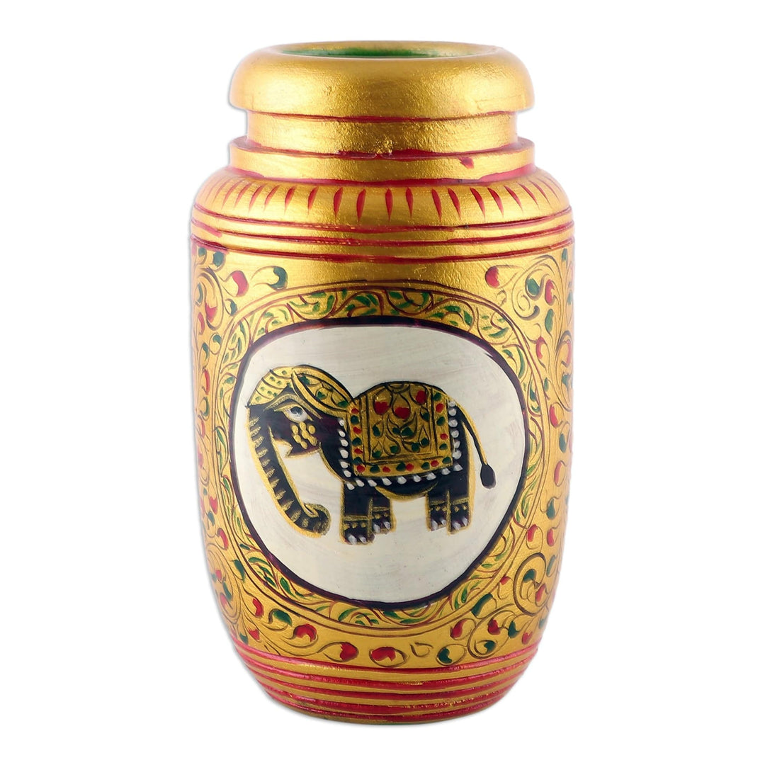 Classic Elephant-Themed Golden Kadam Wood Pen Holder - Glory of the Jungle