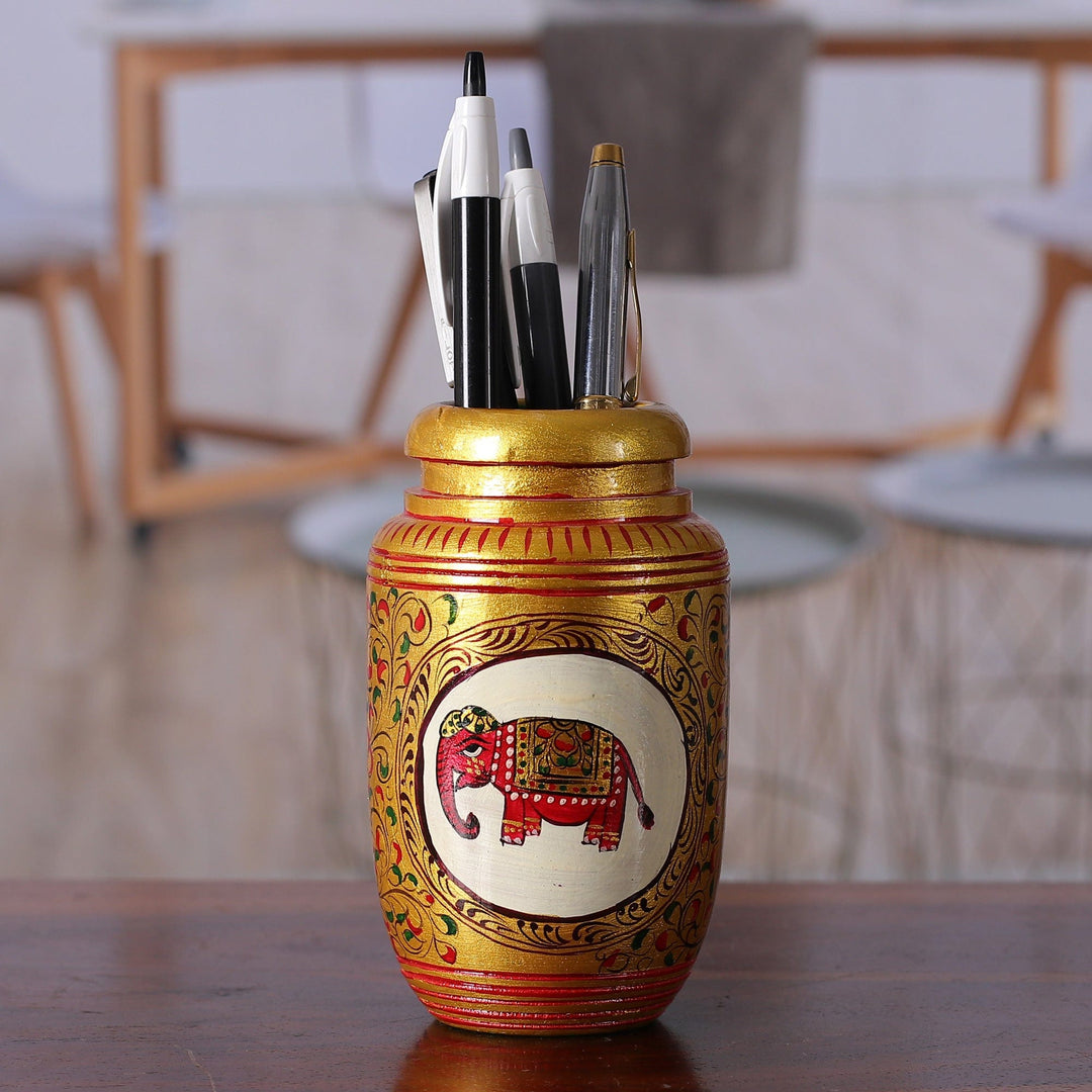 Classic Elephant-Themed Golden Kadam Wood Pen Holder - Glory of the Jungle
