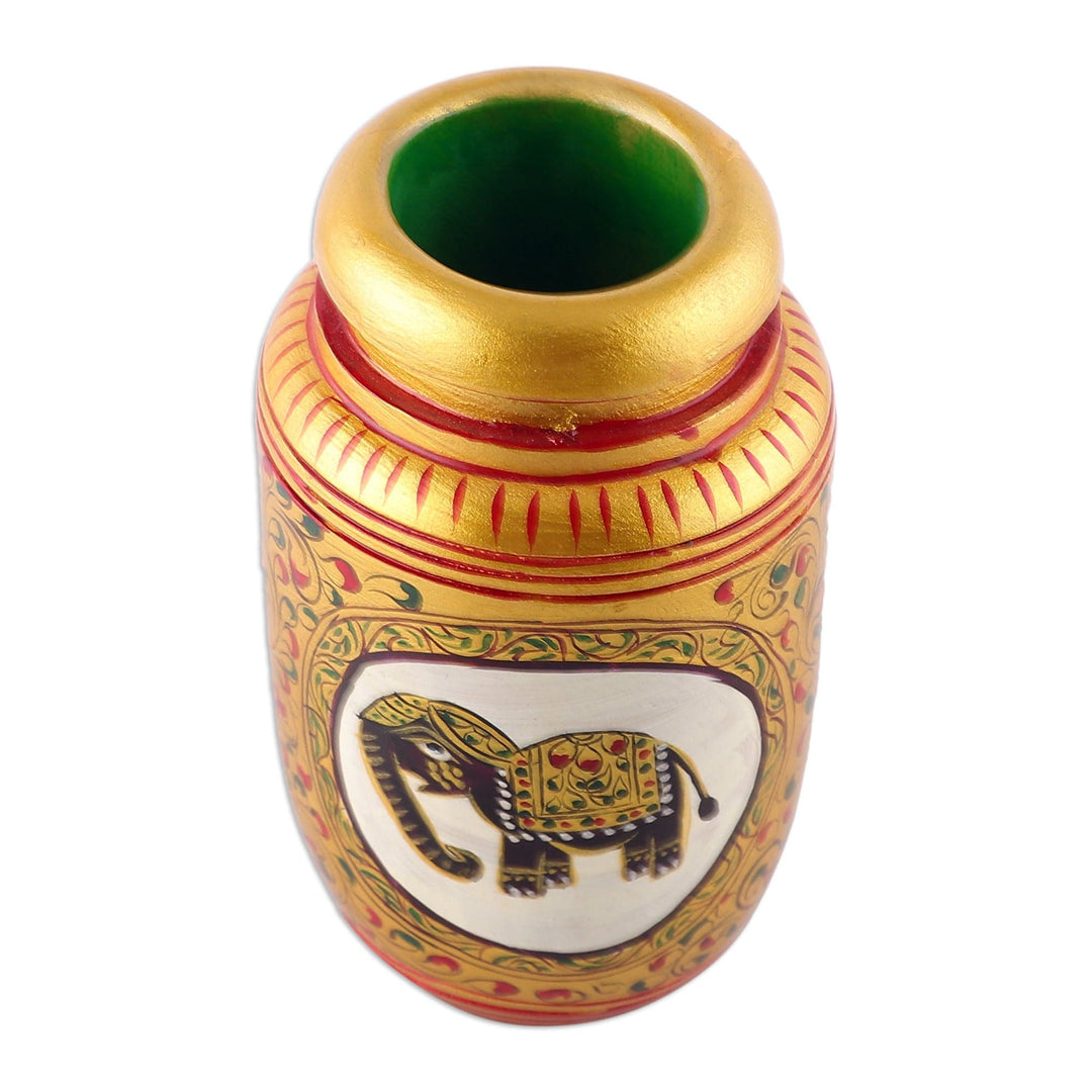 Classic Elephant-Themed Golden Kadam Wood Pen Holder - Glory of the Jungle