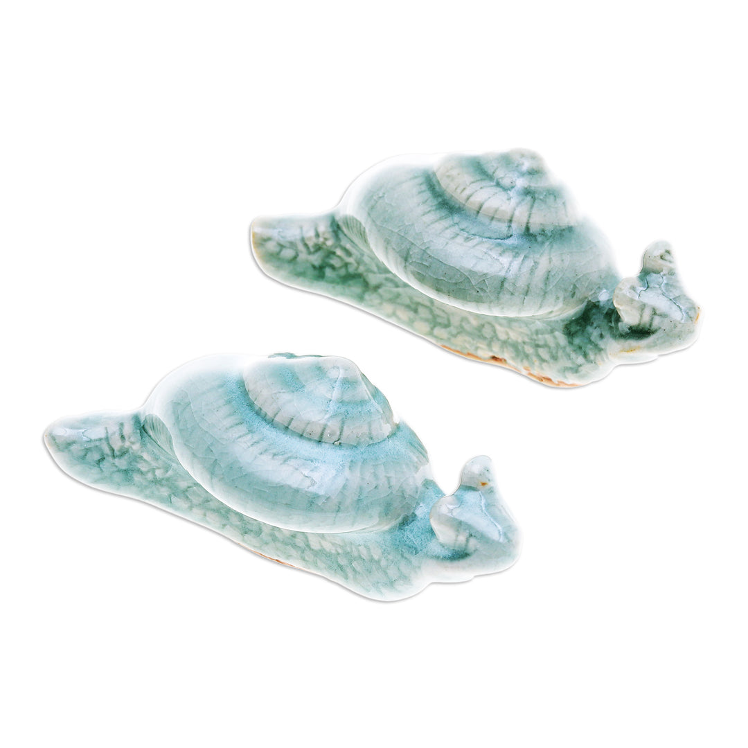 Pair of Crackled Blue Celadon Ceramic Snail Figurines - Patient Destiny