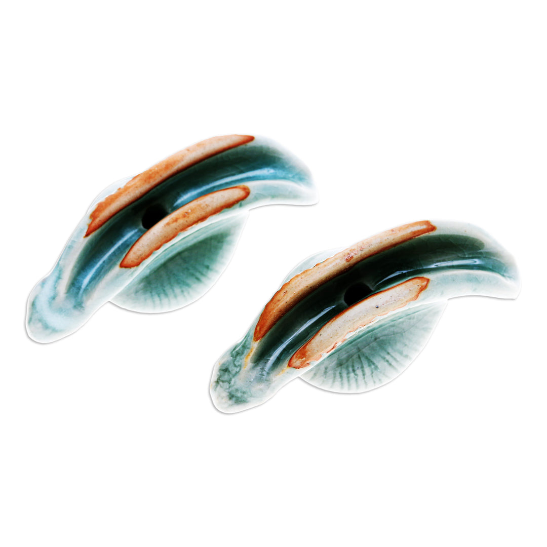 Pair of Crackled Blue Celadon Ceramic Snail Figurines - Patient Destiny