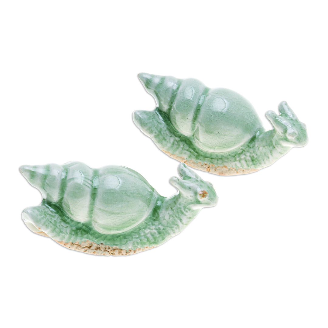 Pair of Crackled Celadon Ceramic Snail Figurines in Green - Harmonious Shells