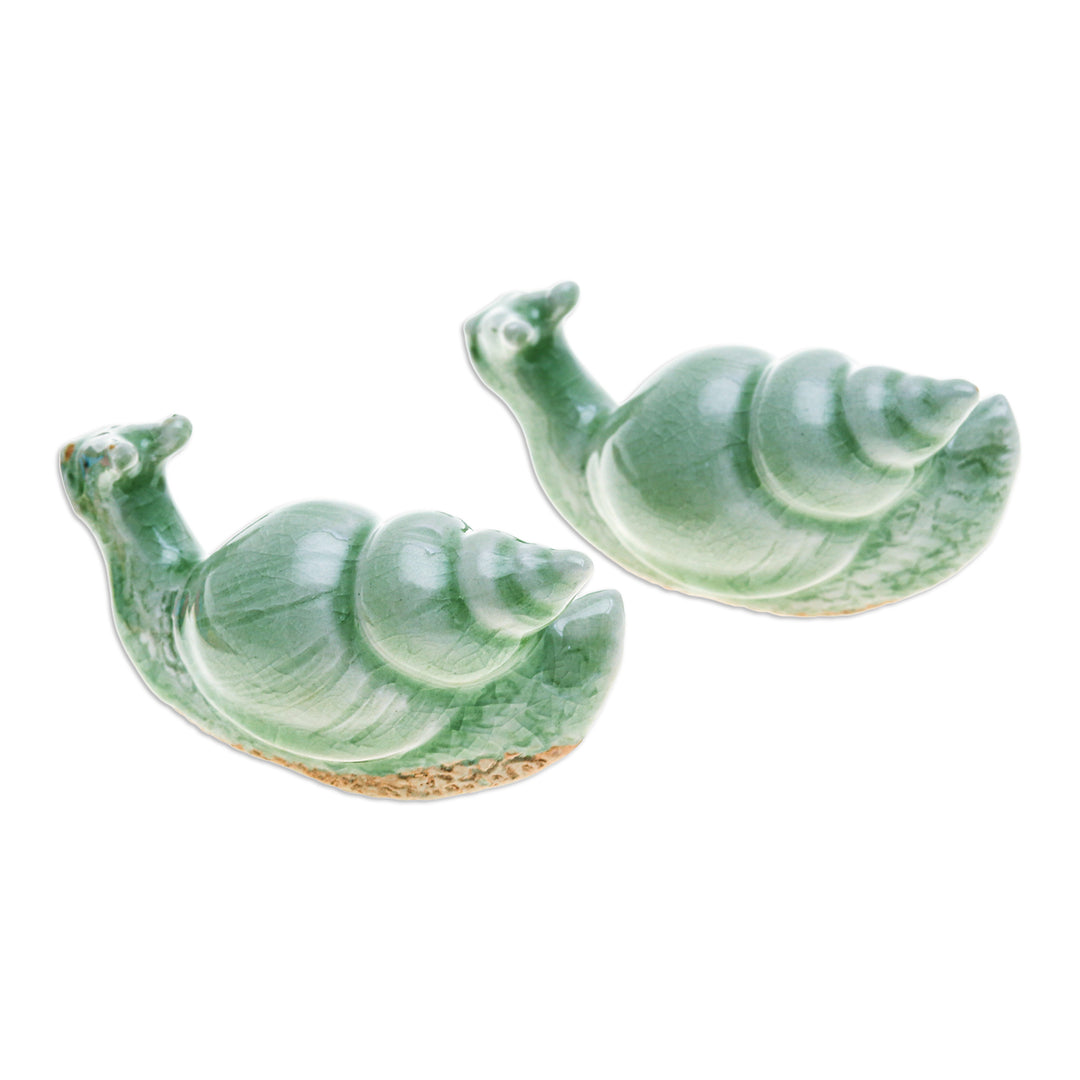 Pair of Crackled Celadon Ceramic Snail Figurines in Green - Harmonious Shells