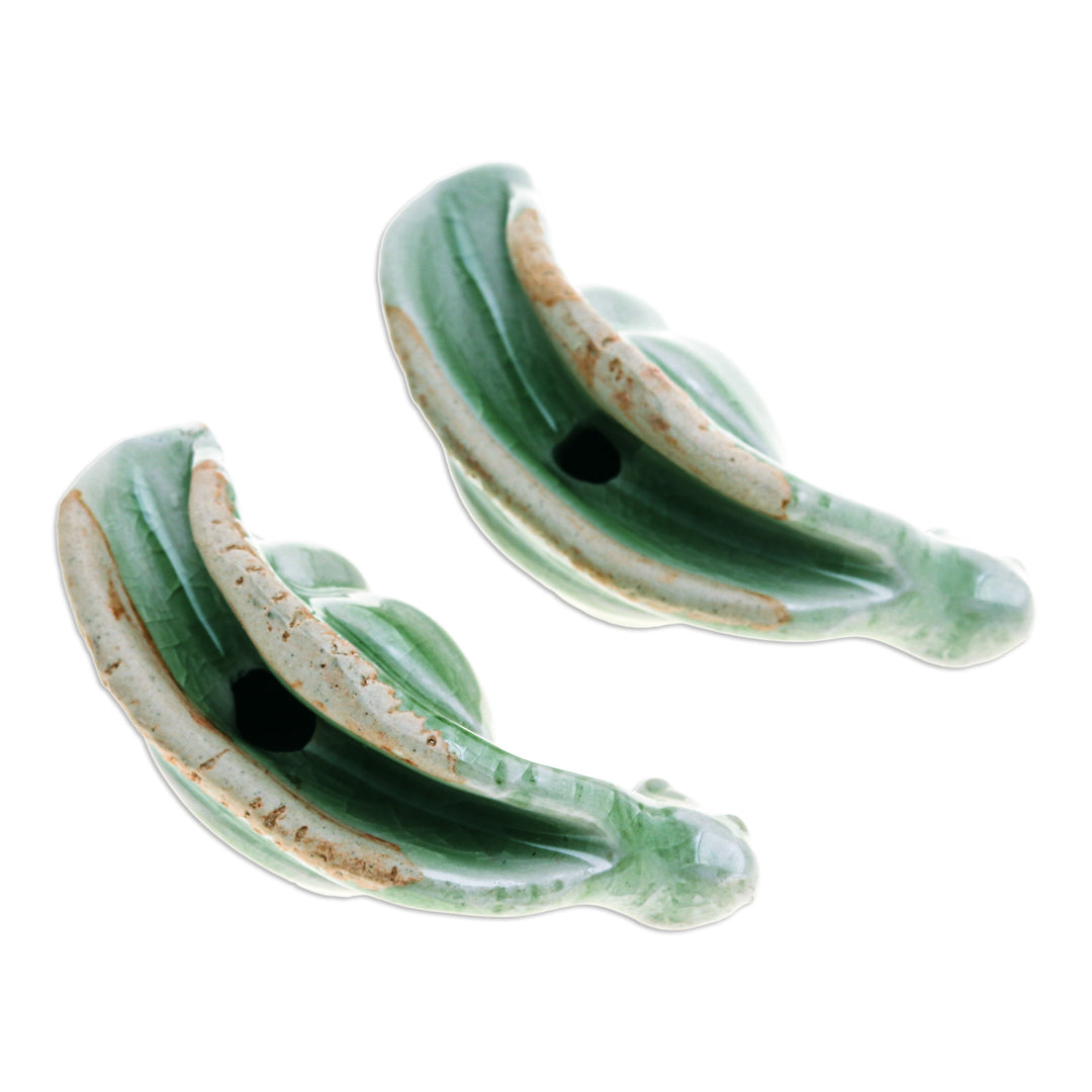 Pair of Crackled Celadon Ceramic Snail Figurines in Green - Harmonious Shells