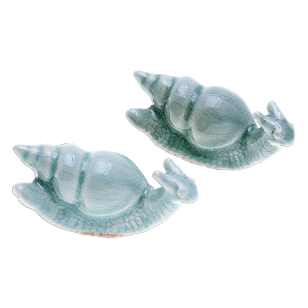 Pair of Crackled Celadon Ceramic Snail Figurines in Blue - Tranquil Shells