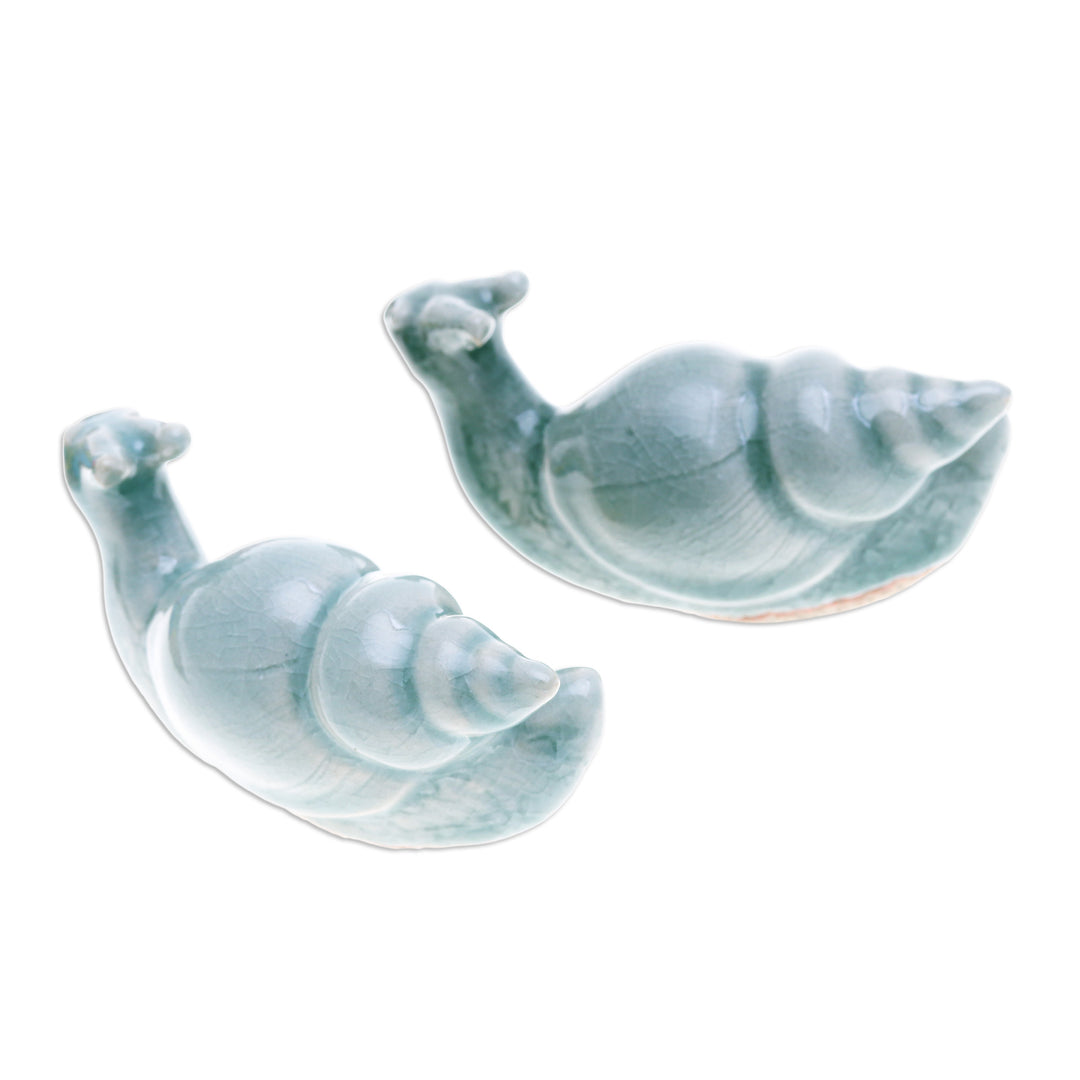 Pair of Crackled Celadon Ceramic Snail Figurines in Blue - Tranquil Shells