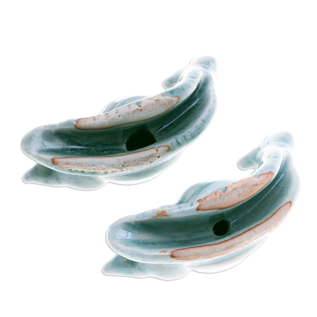 Pair of Crackled Celadon Ceramic Snail Figurines in Blue - Tranquil Shells