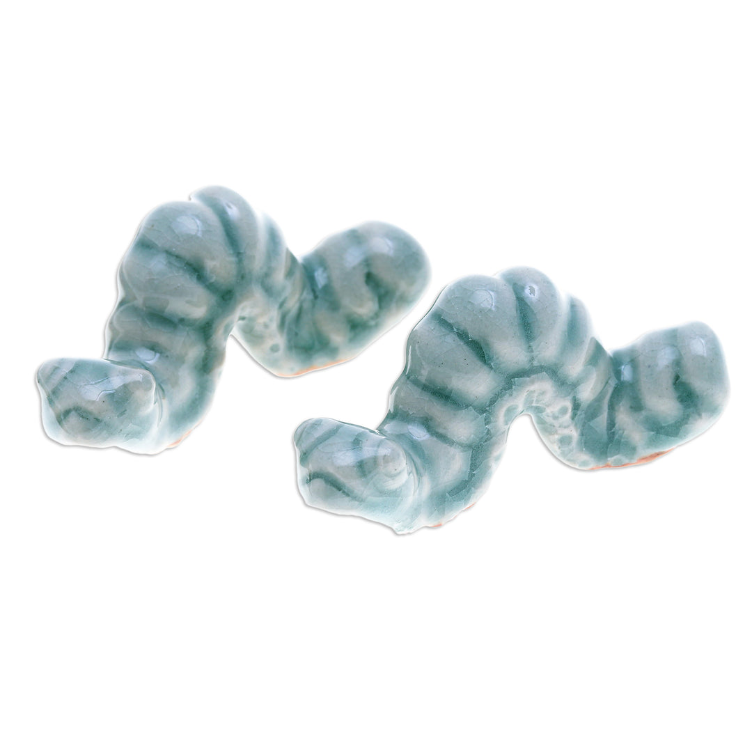 Pair of Crackled Celadon Ceramic Worm Figurines in Blue - Serene Wiggles