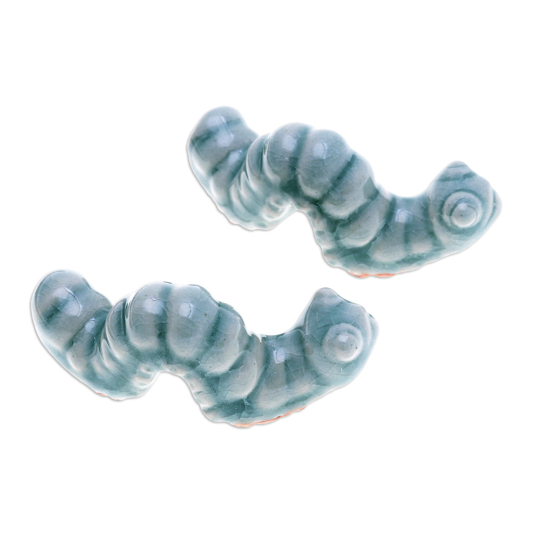Pair of Crackled Celadon Ceramic Worm Figurines in Blue - Serene Wiggles