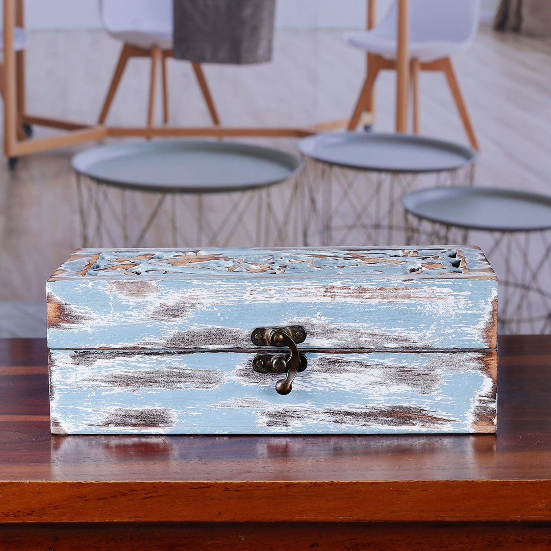 Floral Distressed Mango Wood and Glass Decorative Box - Garden of Reflections
