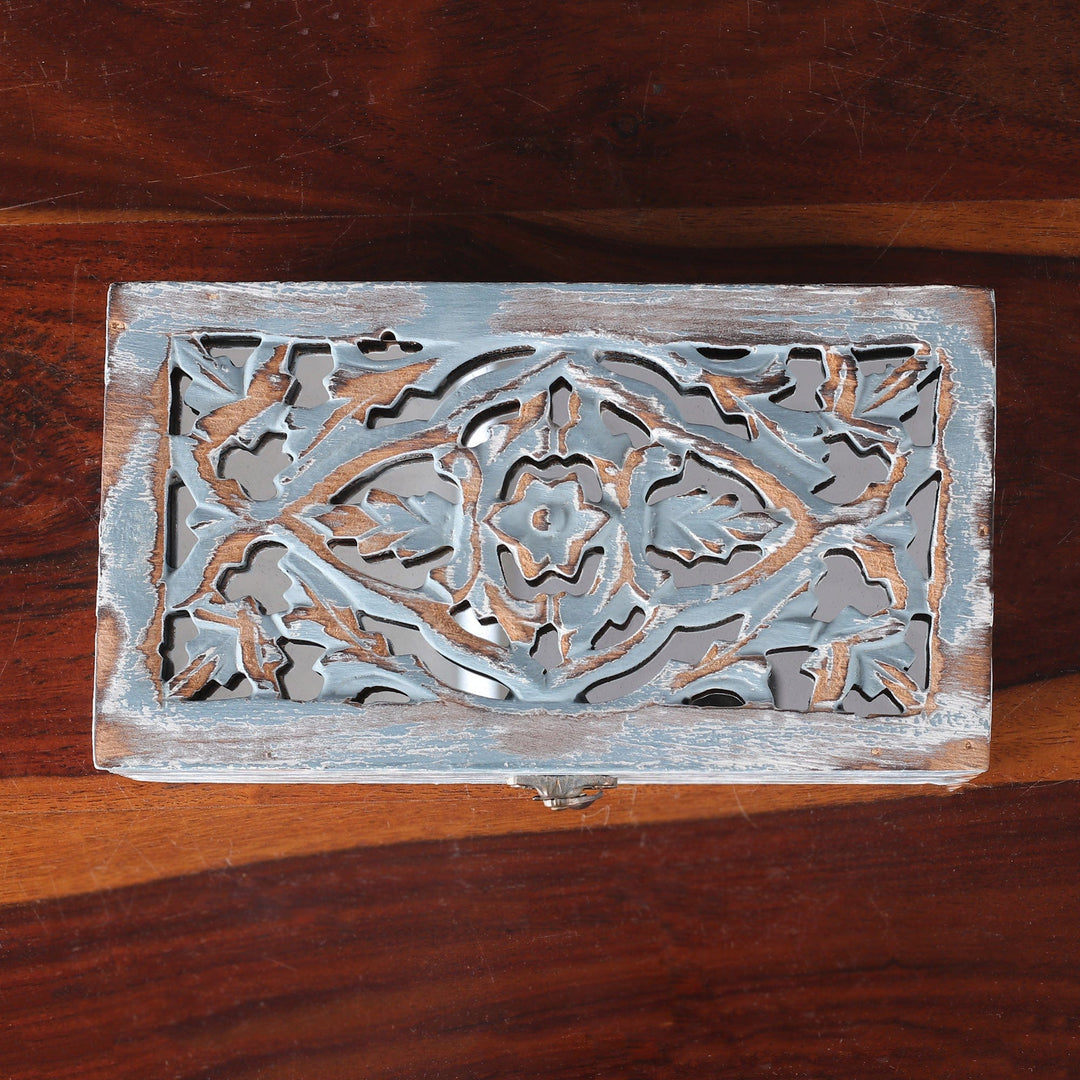 Floral Distressed Mango Wood and Glass Decorative Box - Garden of Reflections