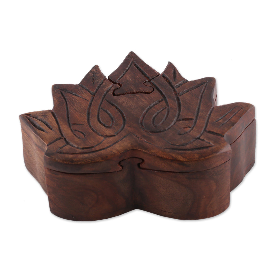Lotus-Themed Mango Wood Puzzle Box Handcrafted in India - Sacred Secret