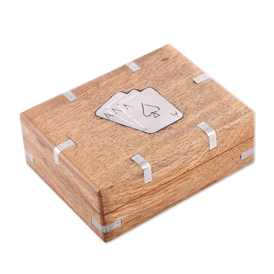 Mango Wood and Nickel Playing Card Storage Box from India - Royal Fortune