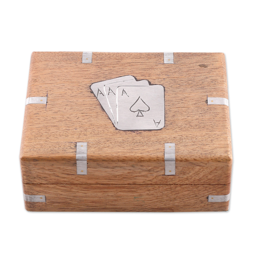 Mango Wood and Nickel Playing Card Storage Box from India - Royal Fortune