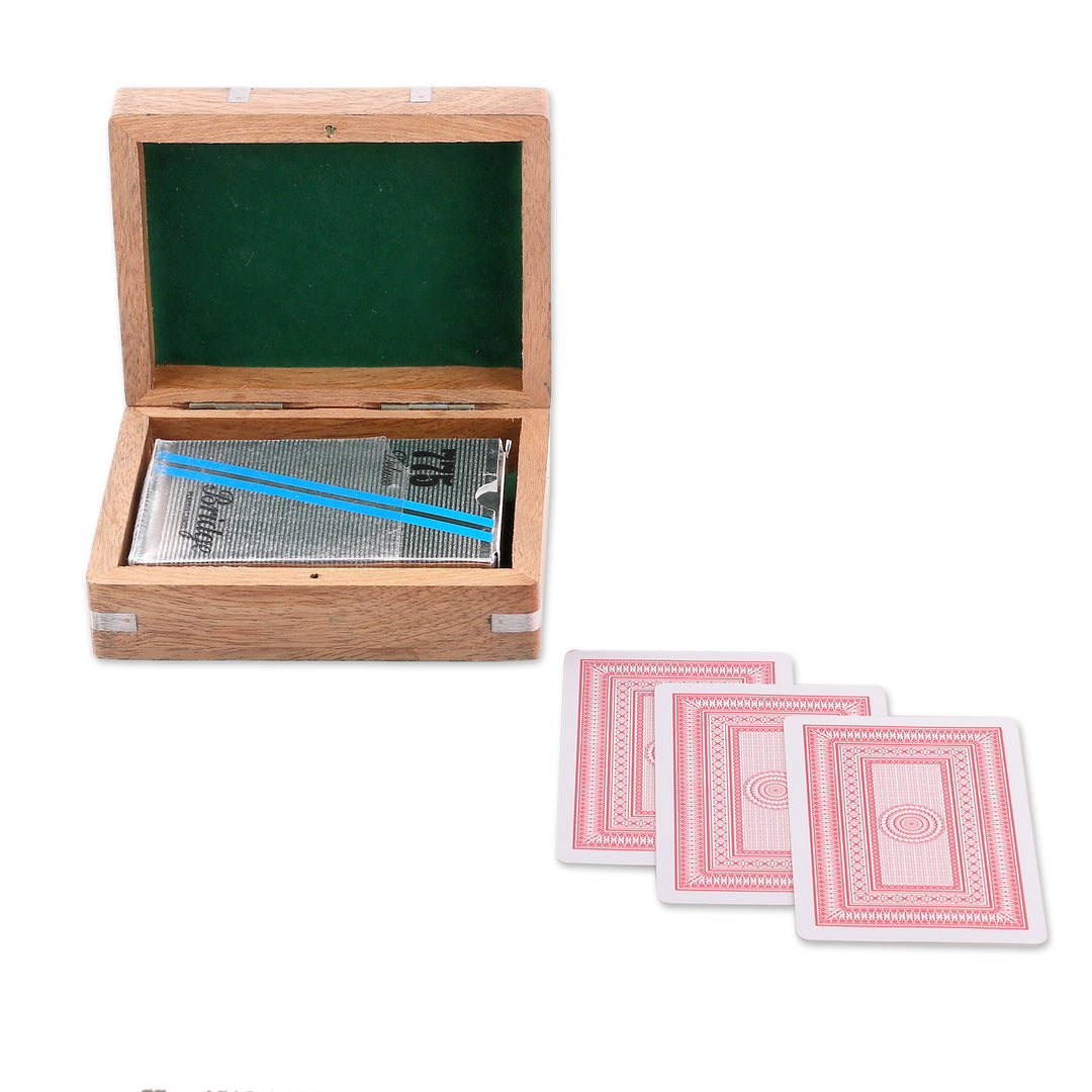Mango Wood and Nickel Playing Card Storage Box from India - Royal Fortune