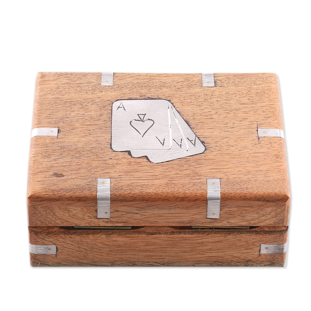 Mango Wood and Nickel Playing Card Storage Box from India - Royal Fortune