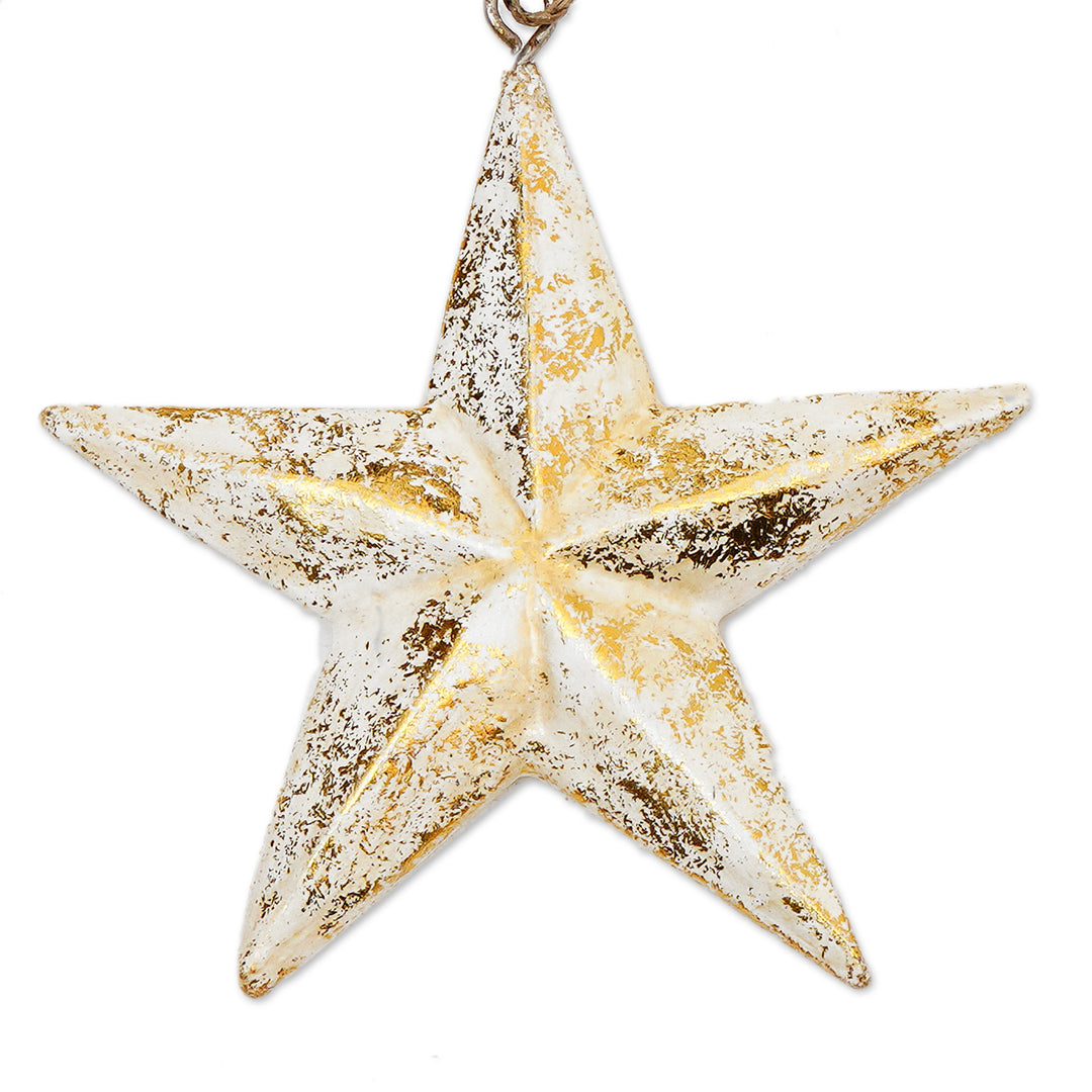 Set of 10 White Wood Star Ornaments with Golden Glitter - Twinkling Stars
